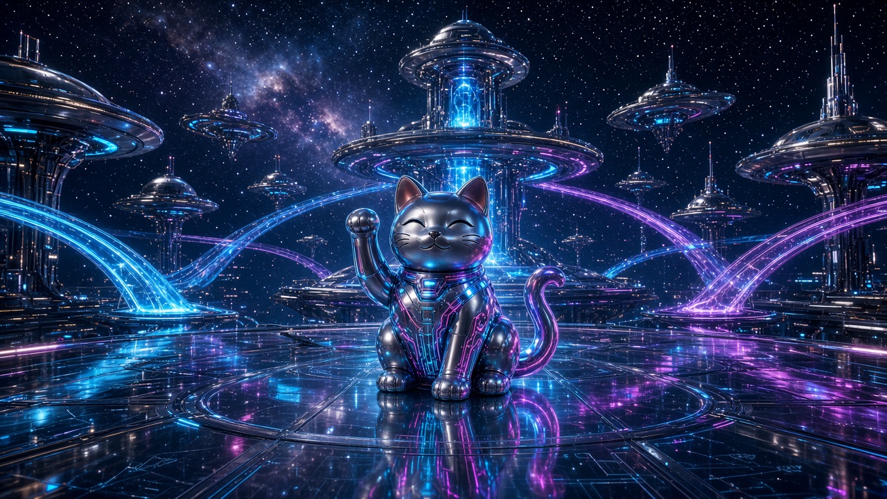 Cybernetic beckoning cat at the center of a glowing AI campus cityscape