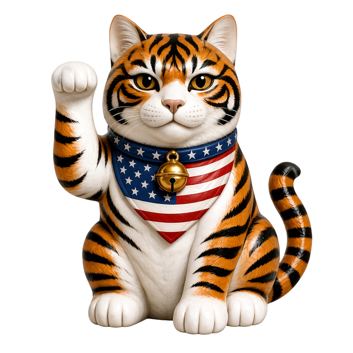 Tiger beckoning cat with American flag bib